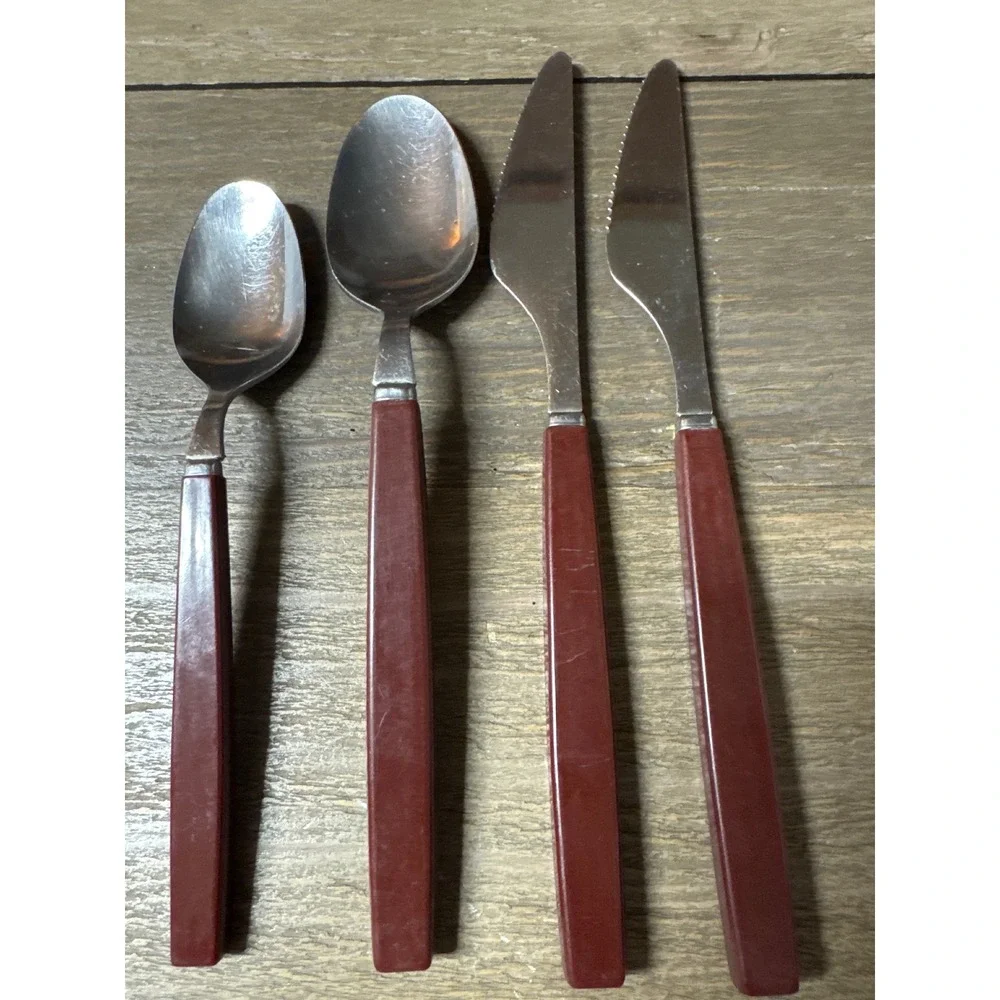 Vintage Stainless Japan Flatware 4pc Set Brown Resin Handle MCM Knives Spoons